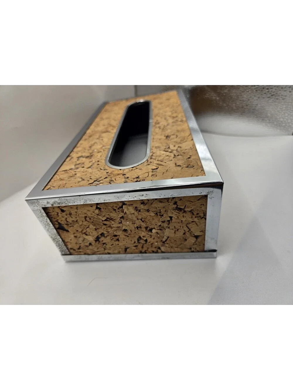 Vintage Mid Century Modern Cork & Chrome Tissue Box Holder Cover Rectangular